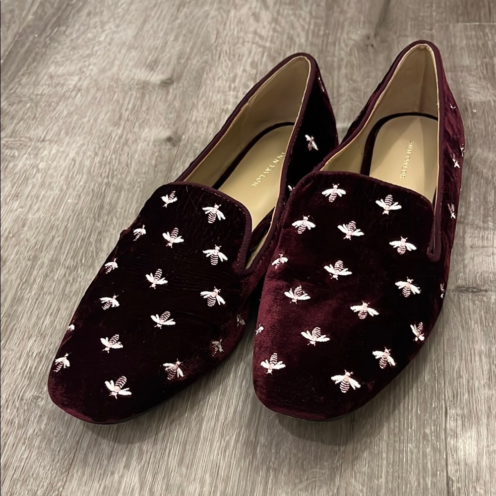 Ann Taylor Burgundy Velvet Loafers with Embroidered Bees